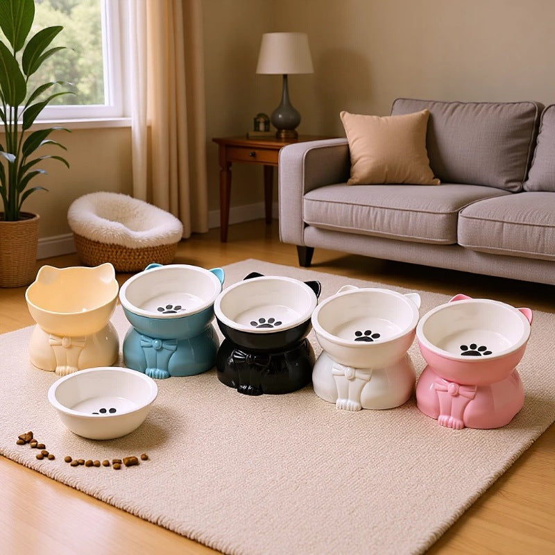 Raised Cat-Shaped Pet Food Bowl with Paw Print Design