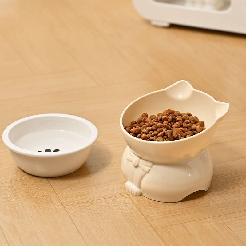 Raised Cat-Shaped Pet Food Bowl with Paw Print Design