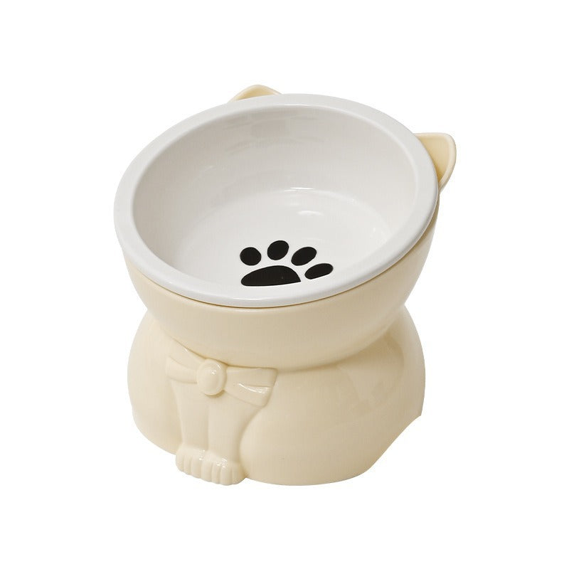 Raised Cat-Shaped Pet Food Bowl with Paw Print Design